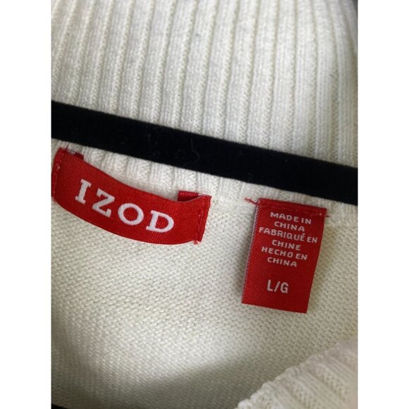 Izod Fair Isle Nordic Sweater Mens size L Quarter Zip Winter Knit White Brown - Picture 3 of 10